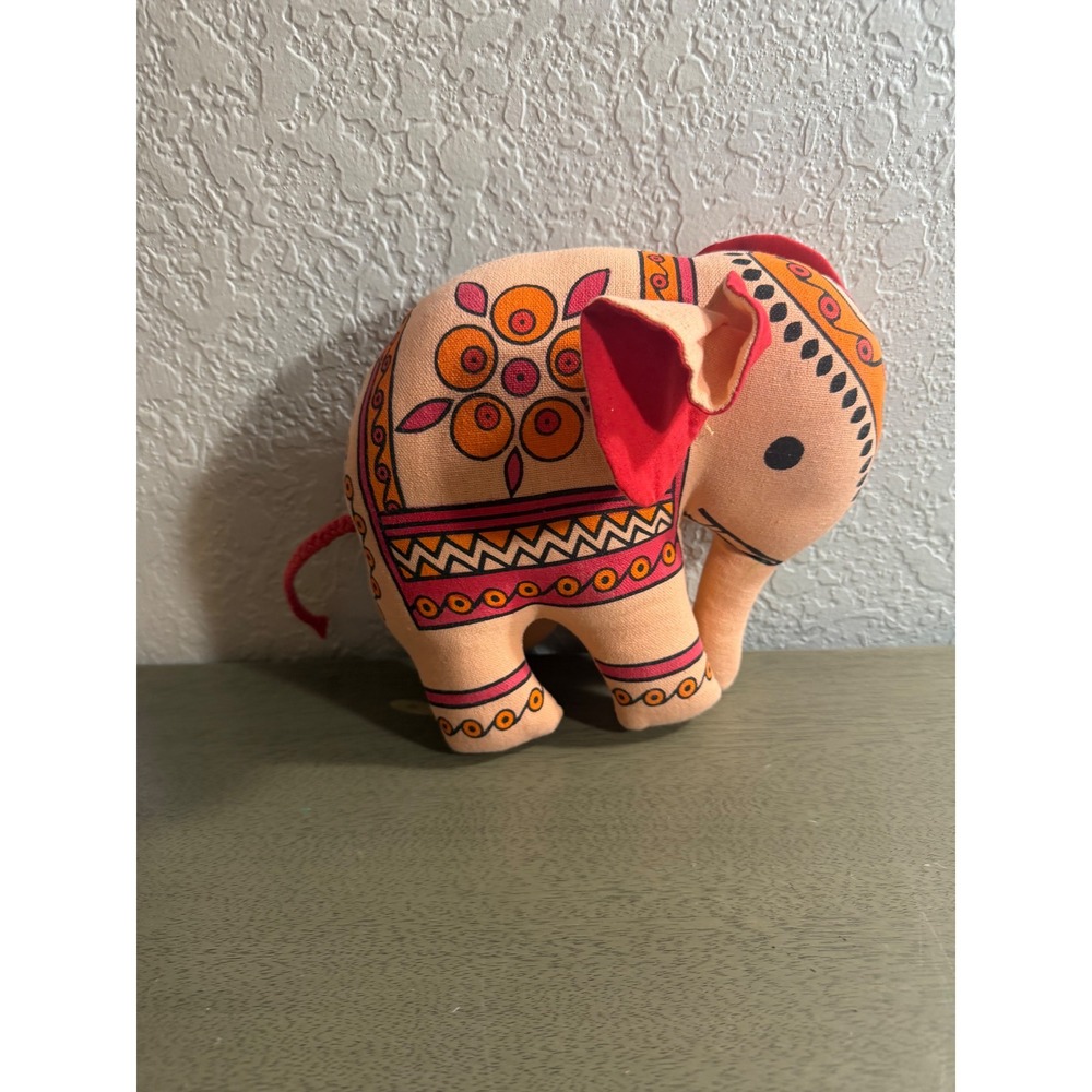 Trades of Hope India Self-Standing Folk Art Plush Elephant Peach Orange Floral